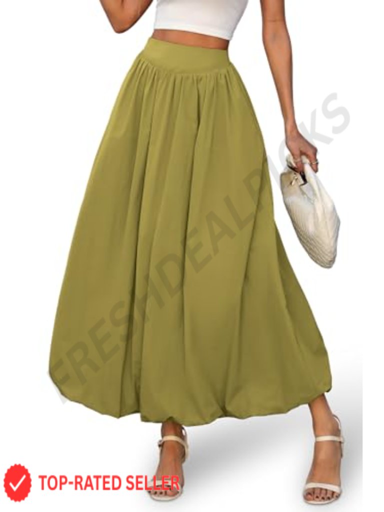 Bubble Maxi Skirt, Elastic Waist A-Line With Pockets